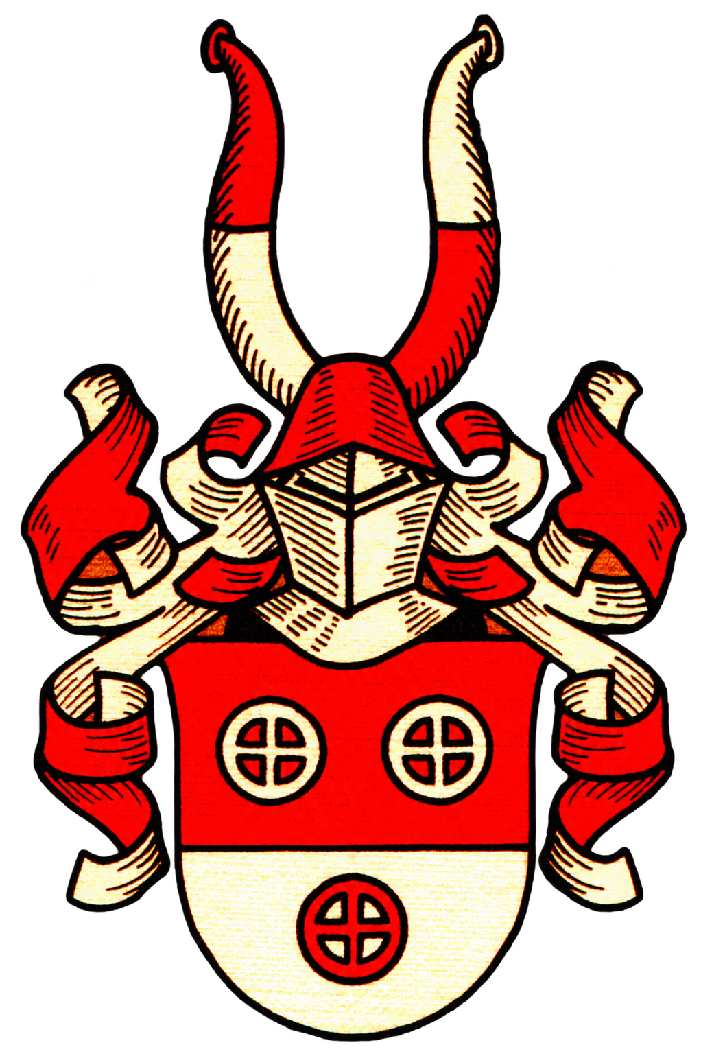 Wappen von Twiste, rot und gold mit Helm und Büffelhörnern