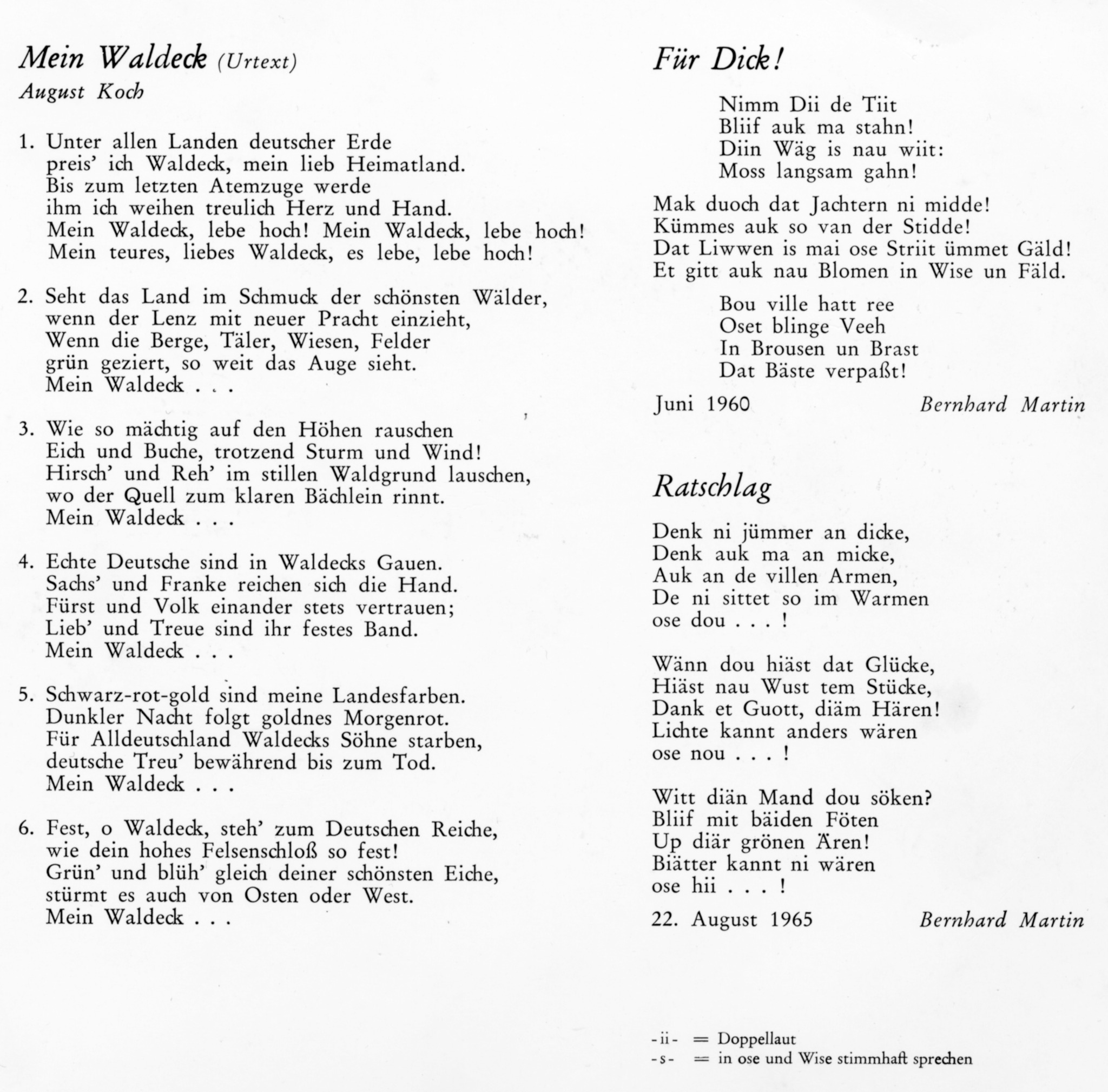 Urtext Mein Waldeck mit sechs Strophen und zwei Mundartgedichten von Bernhard Martin